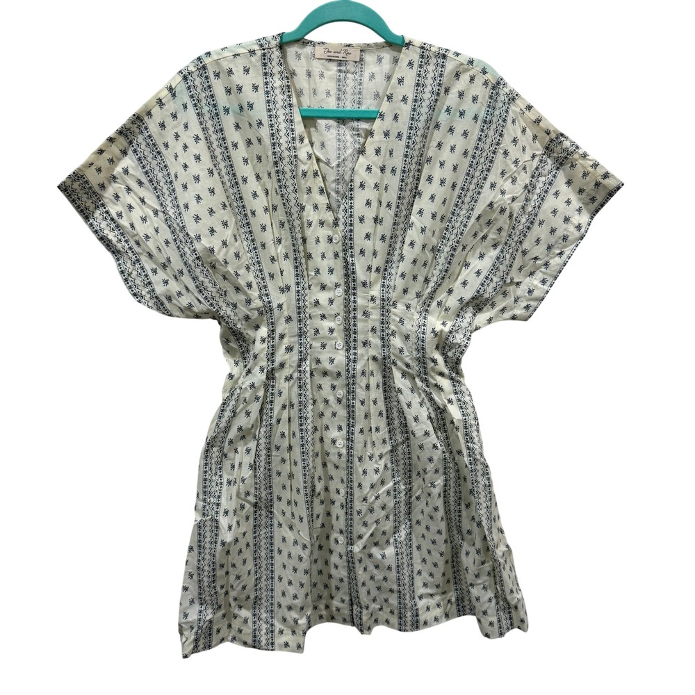 Doe and Rae Cream Navy Floral Button Front Mini Dress Boho Cinched Waist Small